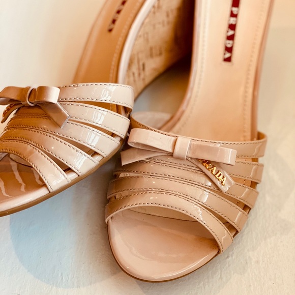 Prada Shoes - PRADA Blush Patent Leather Slides with Bow NEW 39